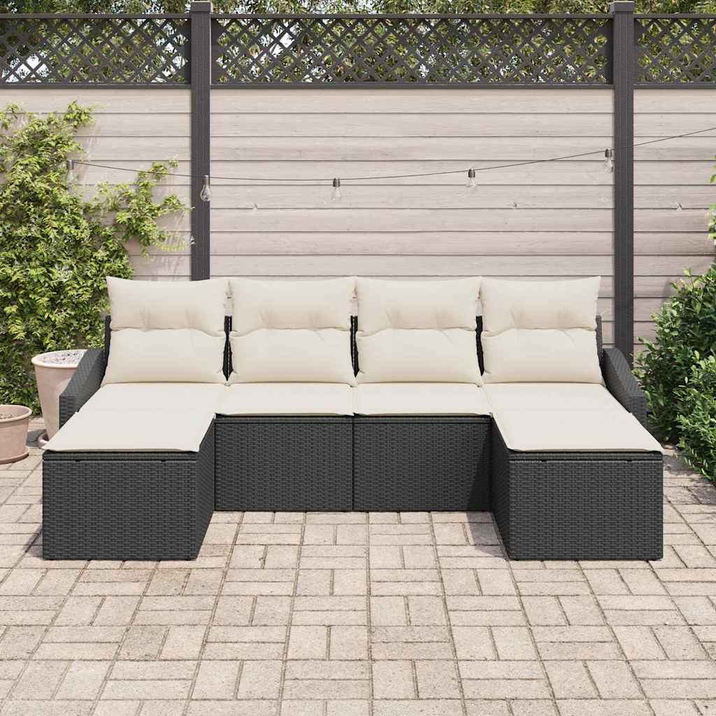Sofa Set mit Kissen 6 pcs Schwarz Poly Rattan