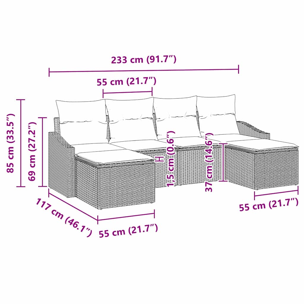 Sofa Set mit Kissen 6 pcs Schwarz Poly Rattan