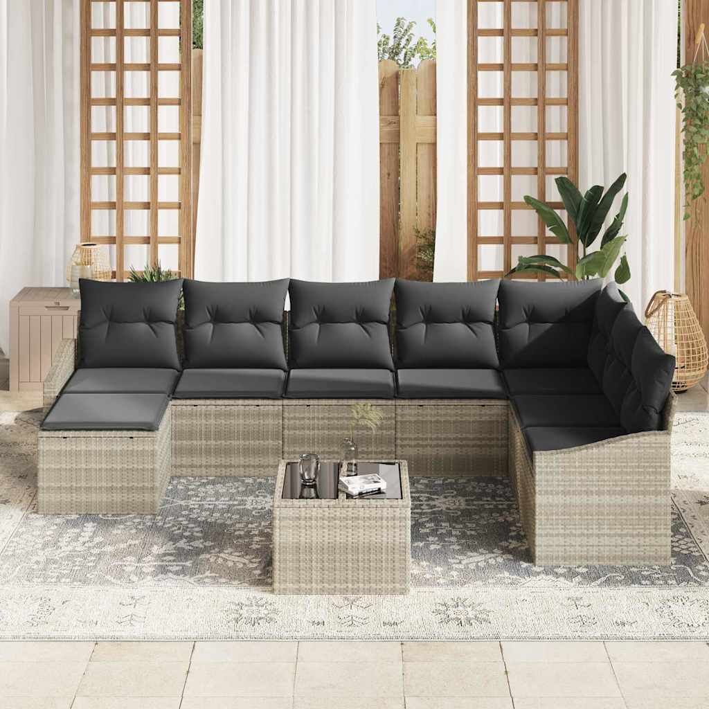 Sofa Set mit Kissen 9 pcs Hellgrau Poly-Rattan