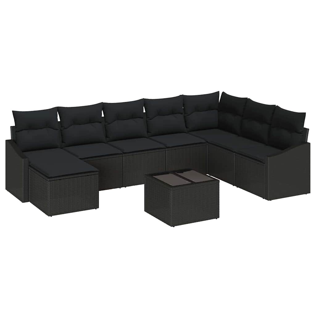 Sofa Set mit Kissen 9 pcs Schwarz Poly-Rattan