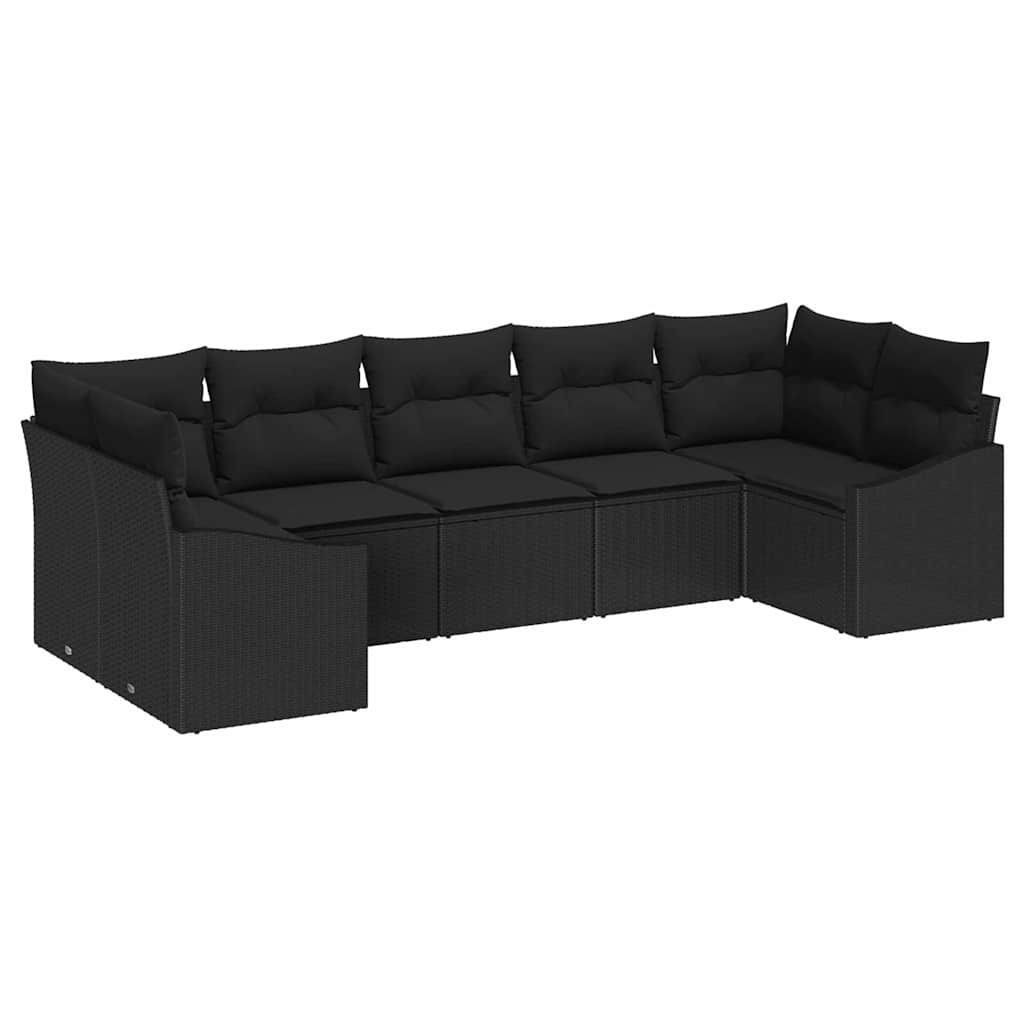 Sofa Set mit Kissen 7 pcs Schwarz Poly Rattan