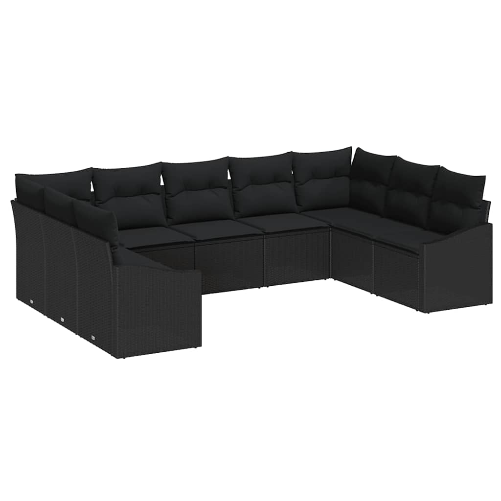 Sofa Set mit Kissen 9 pcs Schwarz Poly Rattan