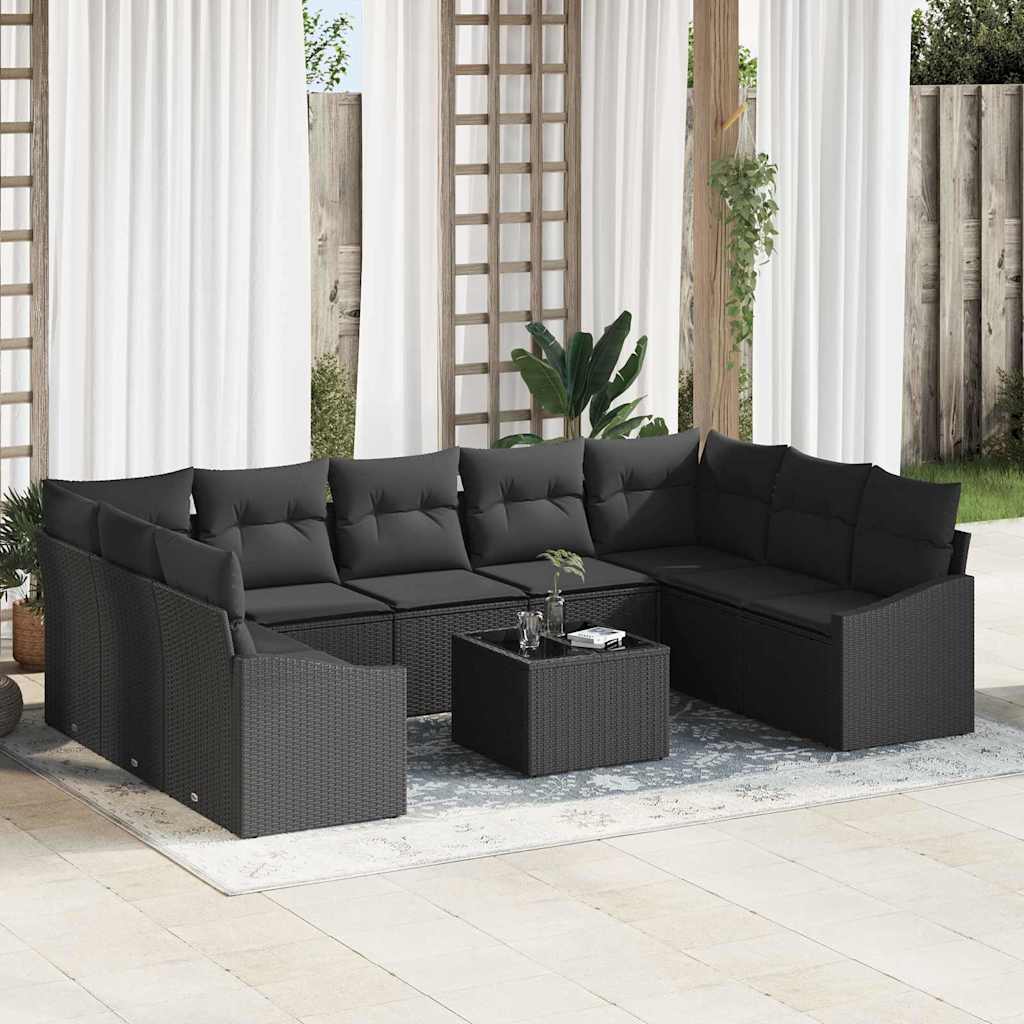 Sofa Set mit Kissen 10 pcs Schwarz Poly Rattan