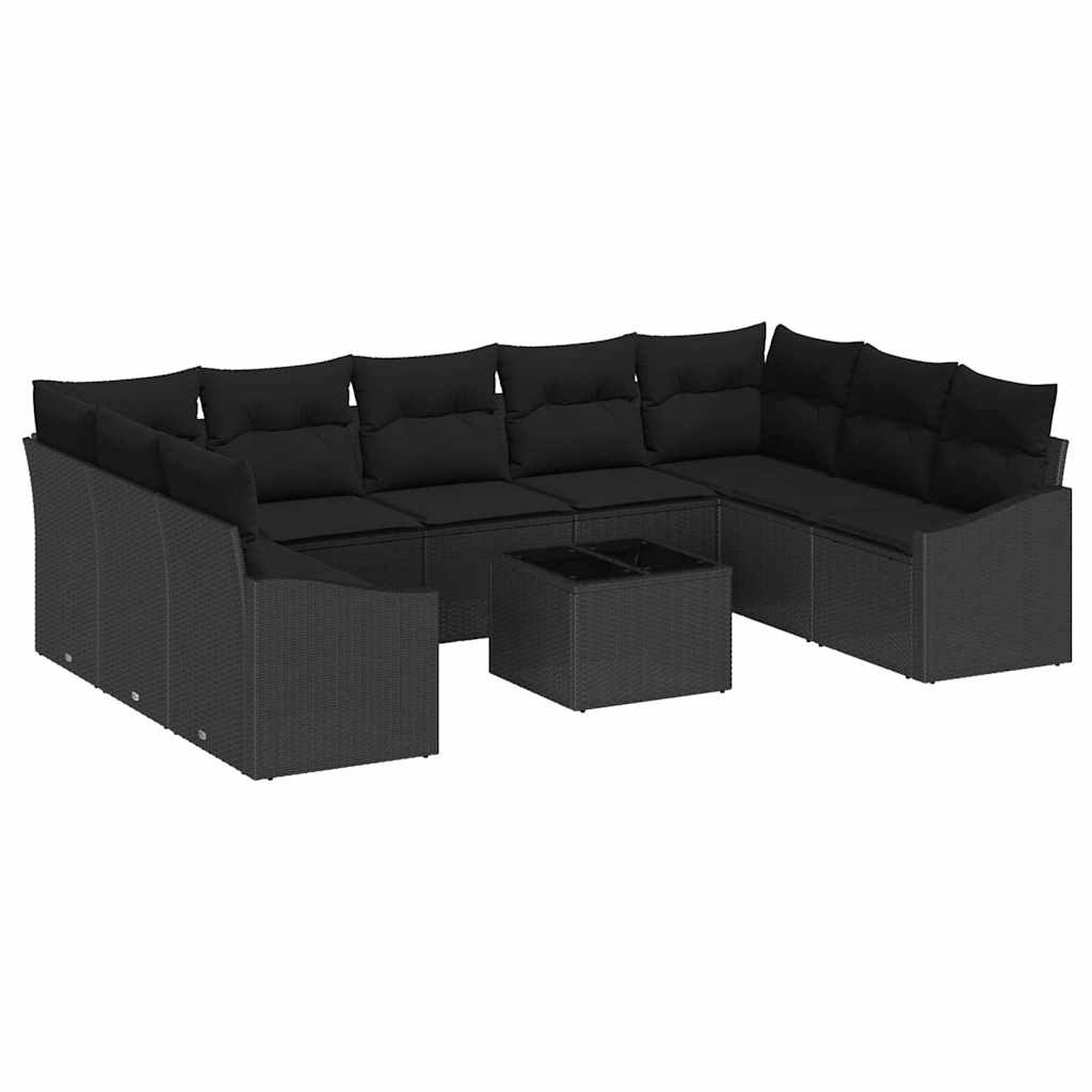 Sofa Set mit Kissen 10 pcs Schwarz Poly Rattan