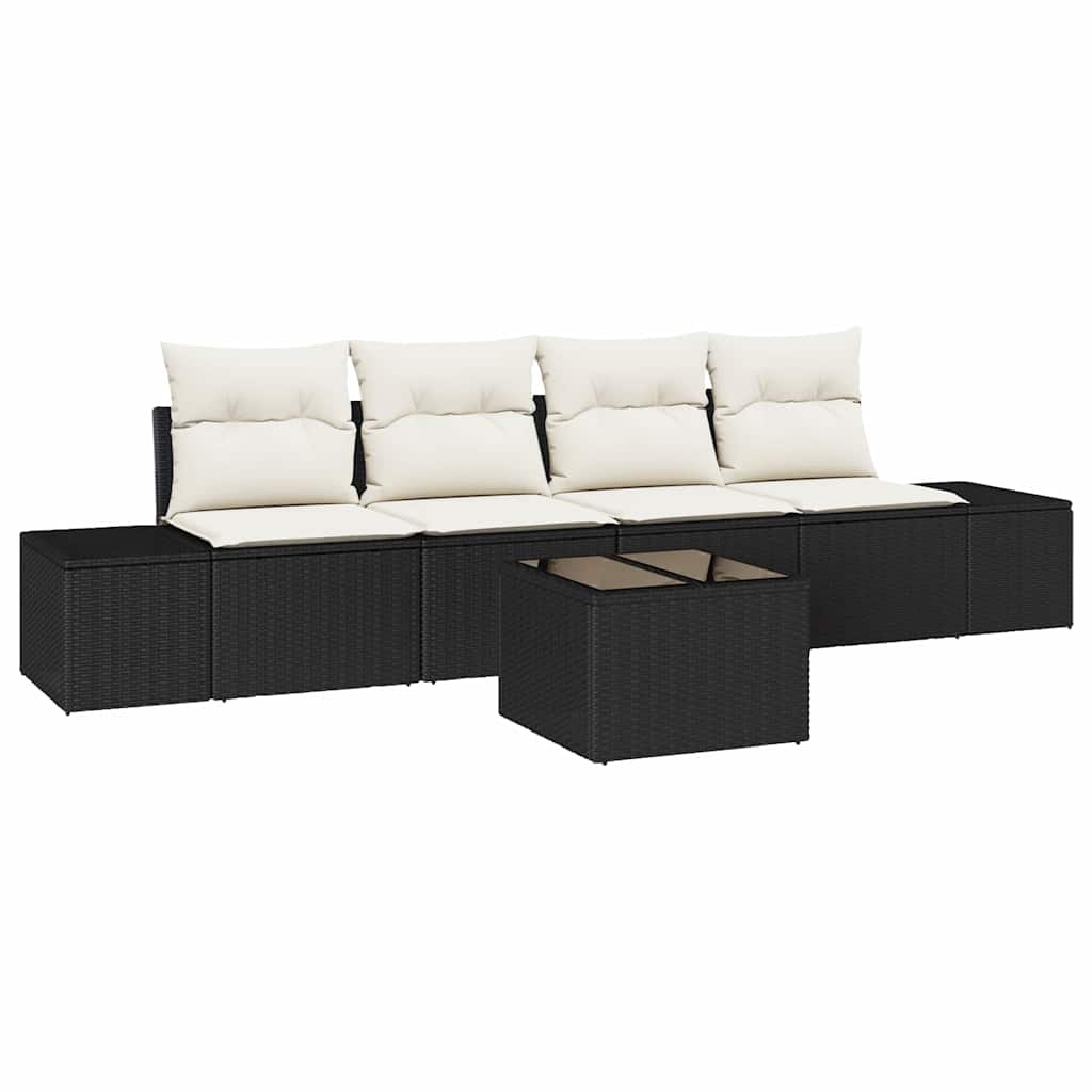 Sofa Set mit Kissen 5 pcs Schwarz und Creme Poly Rattan