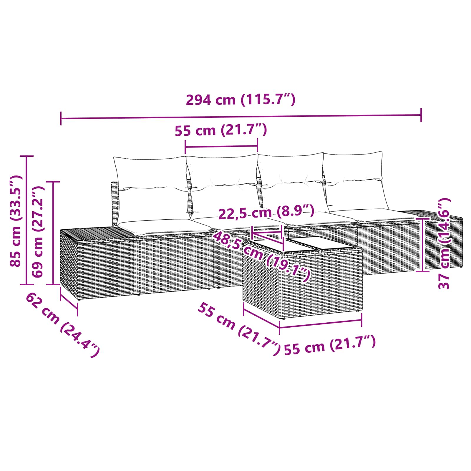 Sofa Set mit Kissen 5 pcs Braun Poly-Rattan