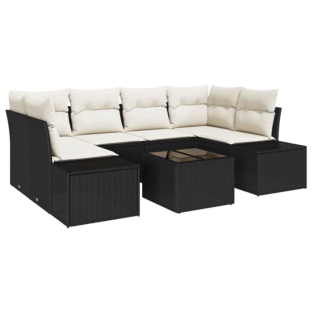 Sofa Set mit Kissen 7 pcs Schwarz Poly Rattan