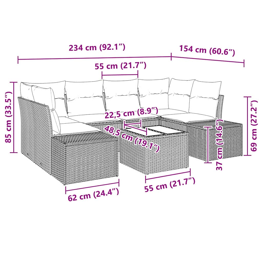 Sofa Set mit Kissen 7 pcs Schwarz Poly Rattan
