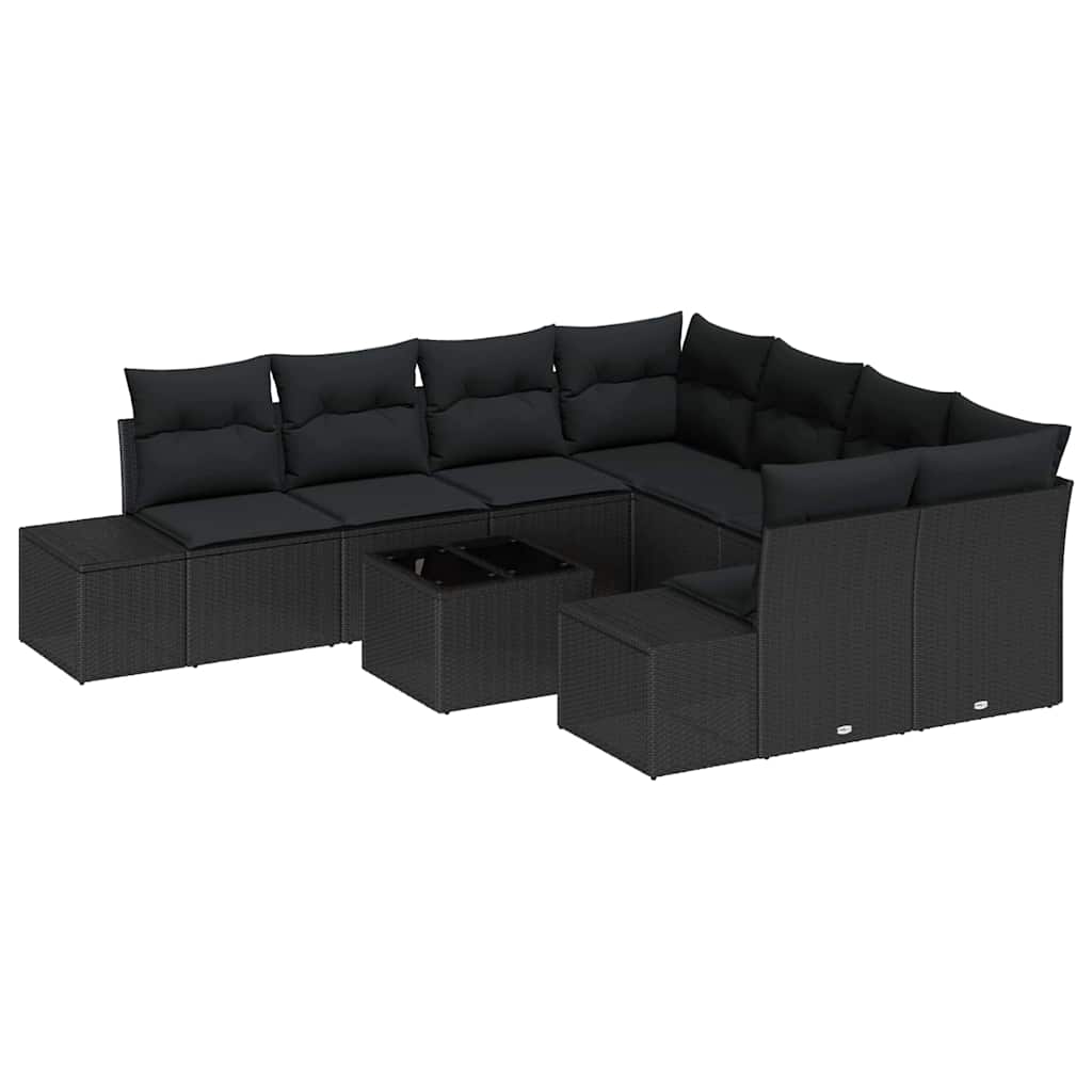 Sofa Set mit Kissen 9 pcs Schwarz Poly Rattan