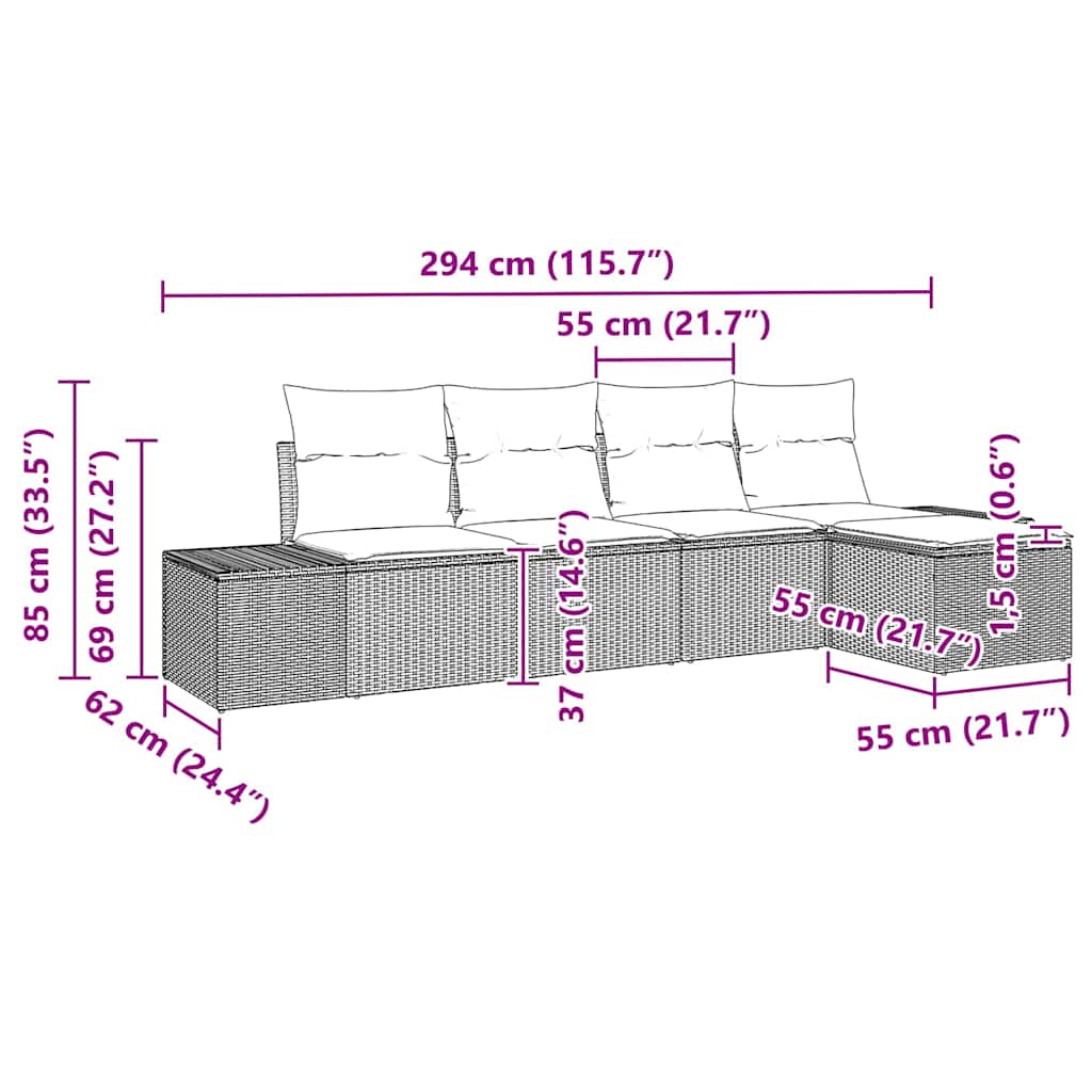 Sofa Set mit Kissen 5 pcs Hellgrau Poly Rattan