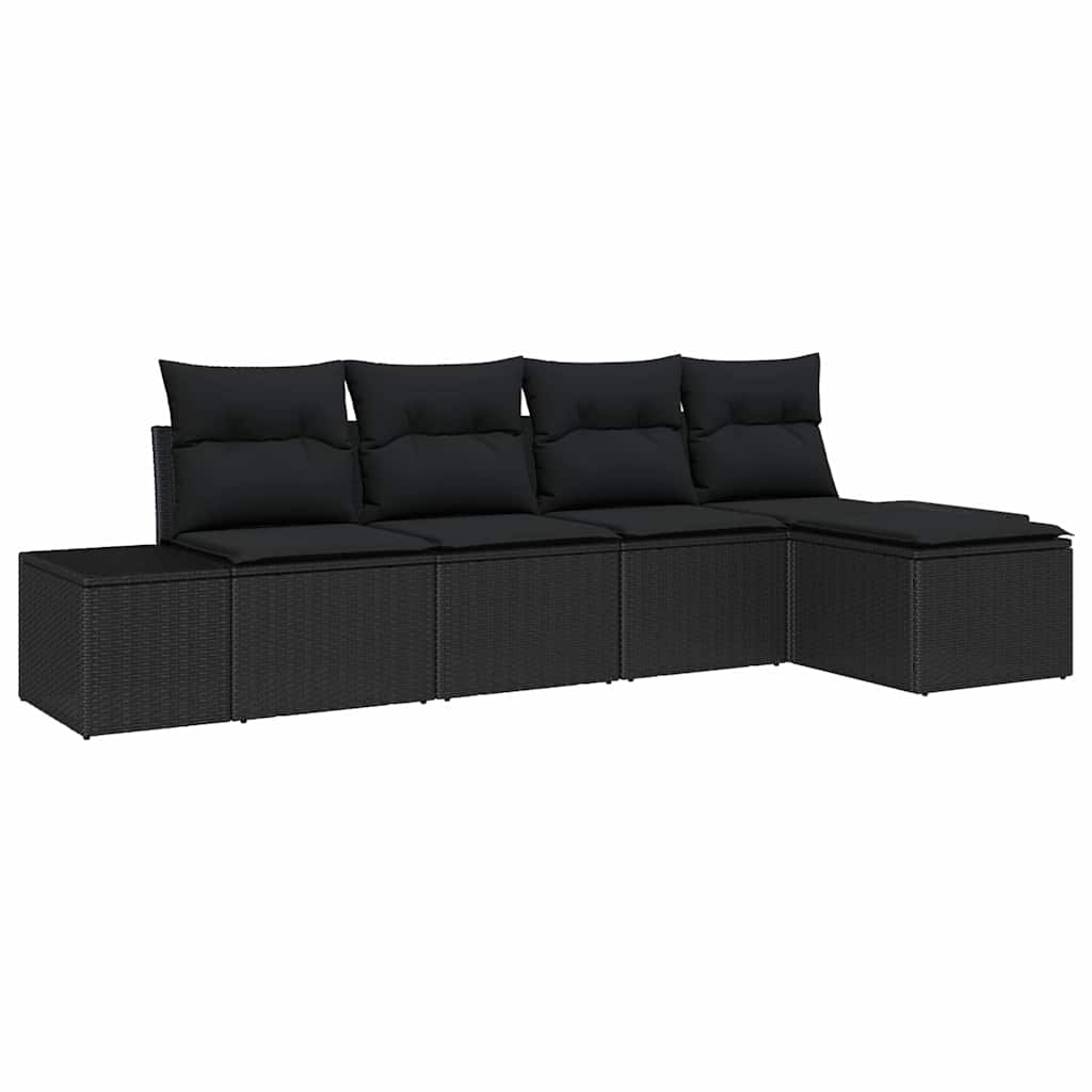 Sofa Set mit Kissen 5 pcs Schwarz Poly Rattan
