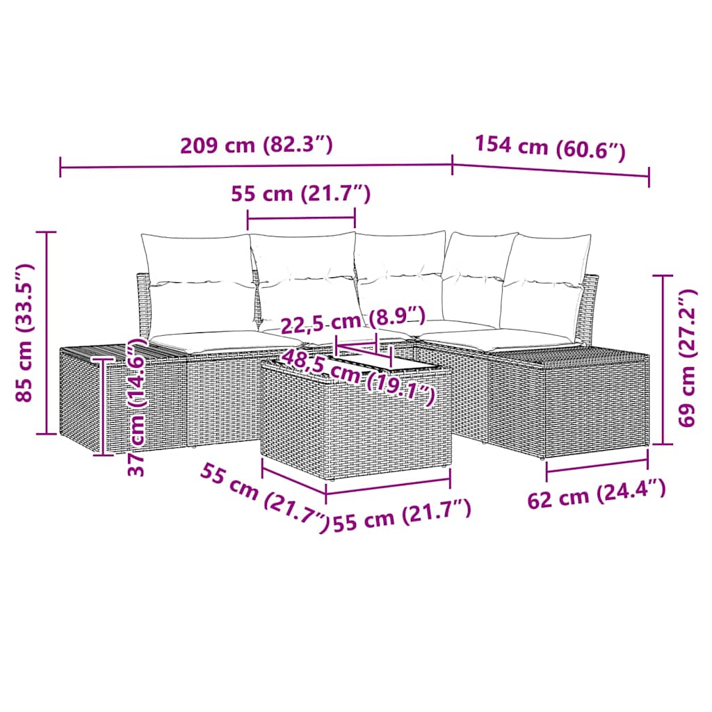 Gartensofa-set 5 pcs Grau Poly-Rattan