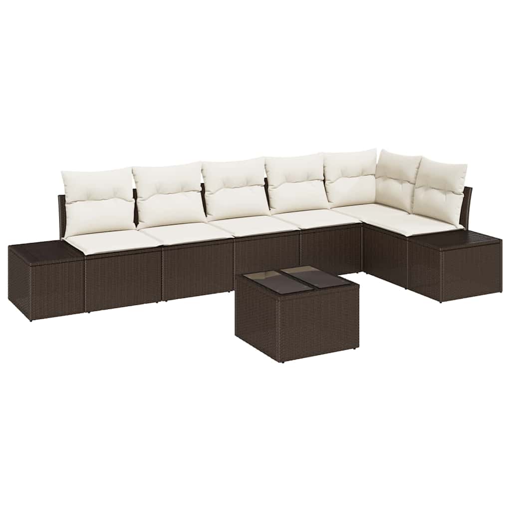Gartensofa-set mit Kissen 7 pcs Braun und Creme Poly-Rattan