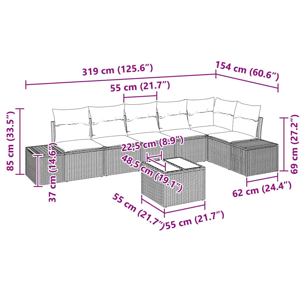 Gartensofa-set mit Kissen 7 pcs Braun und Creme Poly-Rattan