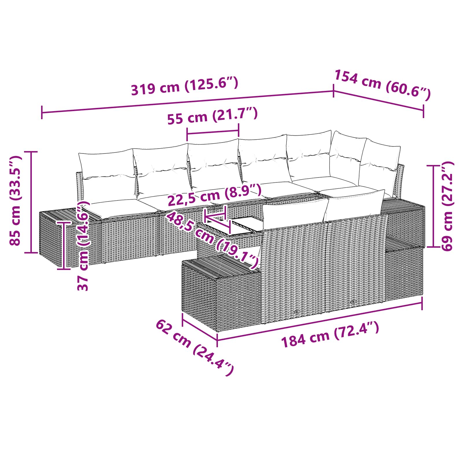 Gartensofa-set mit Kissen 9 pcs Braun Poly-Rattan