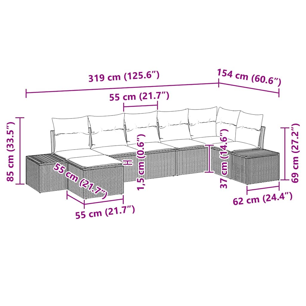 Gartensofa-set mit Kissen 7 pcs Braun Poly-Rattan