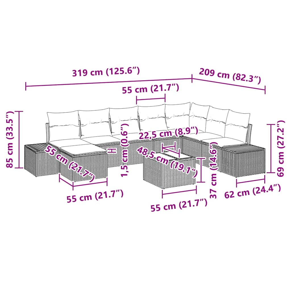 Gartensofa-set mit Kissen 9 pcs Hellgrau Poly-Rattan