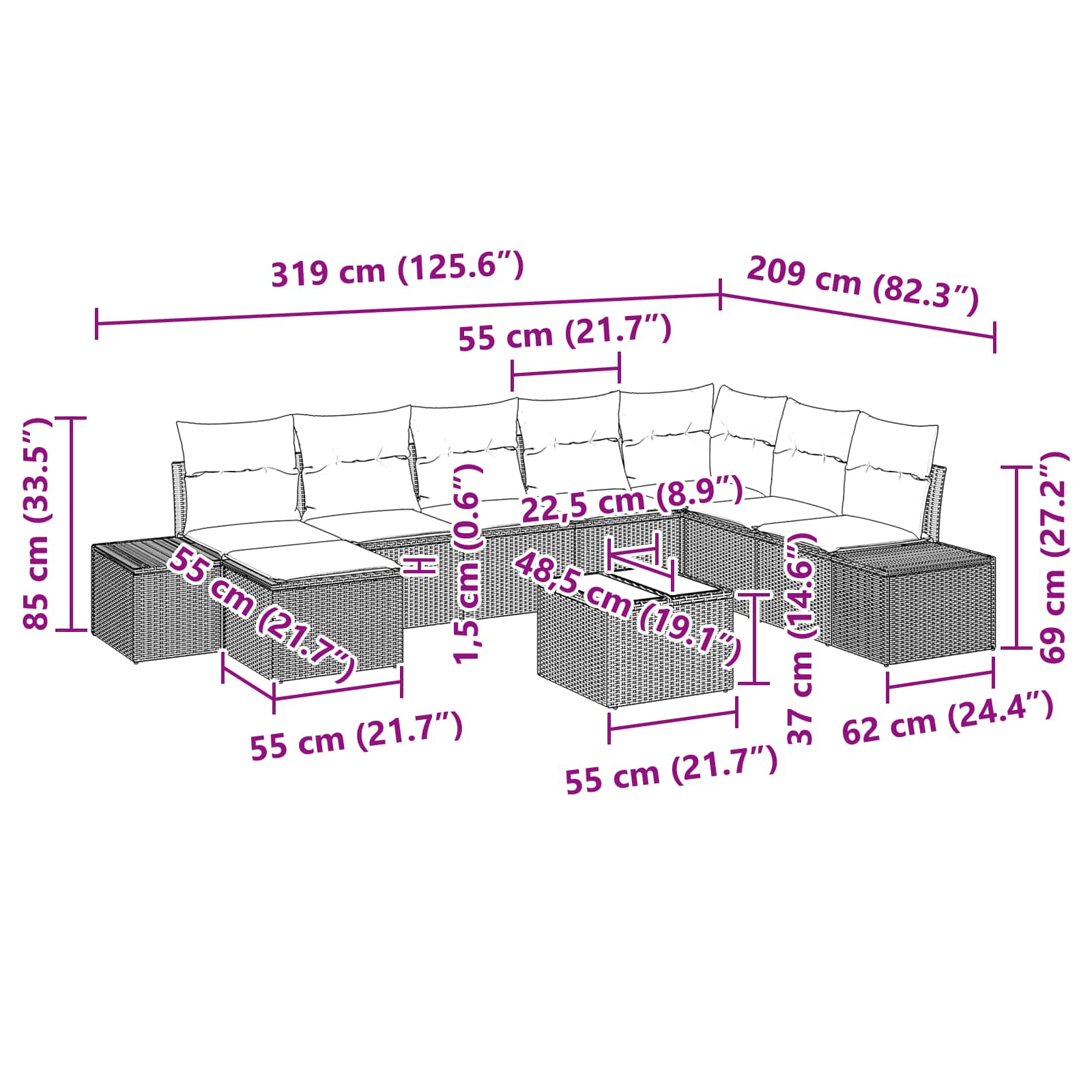 Gartensofa-set mit Kissen 9 pcs Braun Poly-Rattan