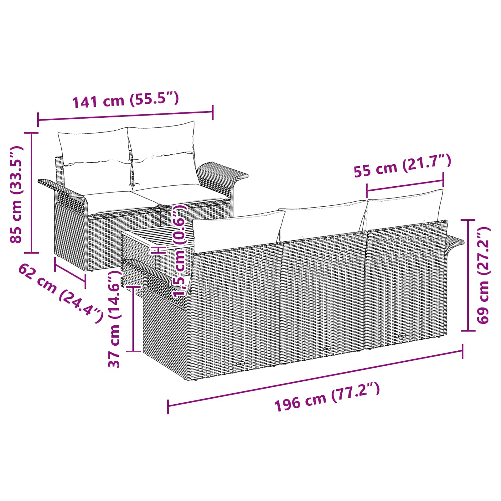 Gartensofa-set mit Kissen 6 pcs Schwarz Poly-Rattan