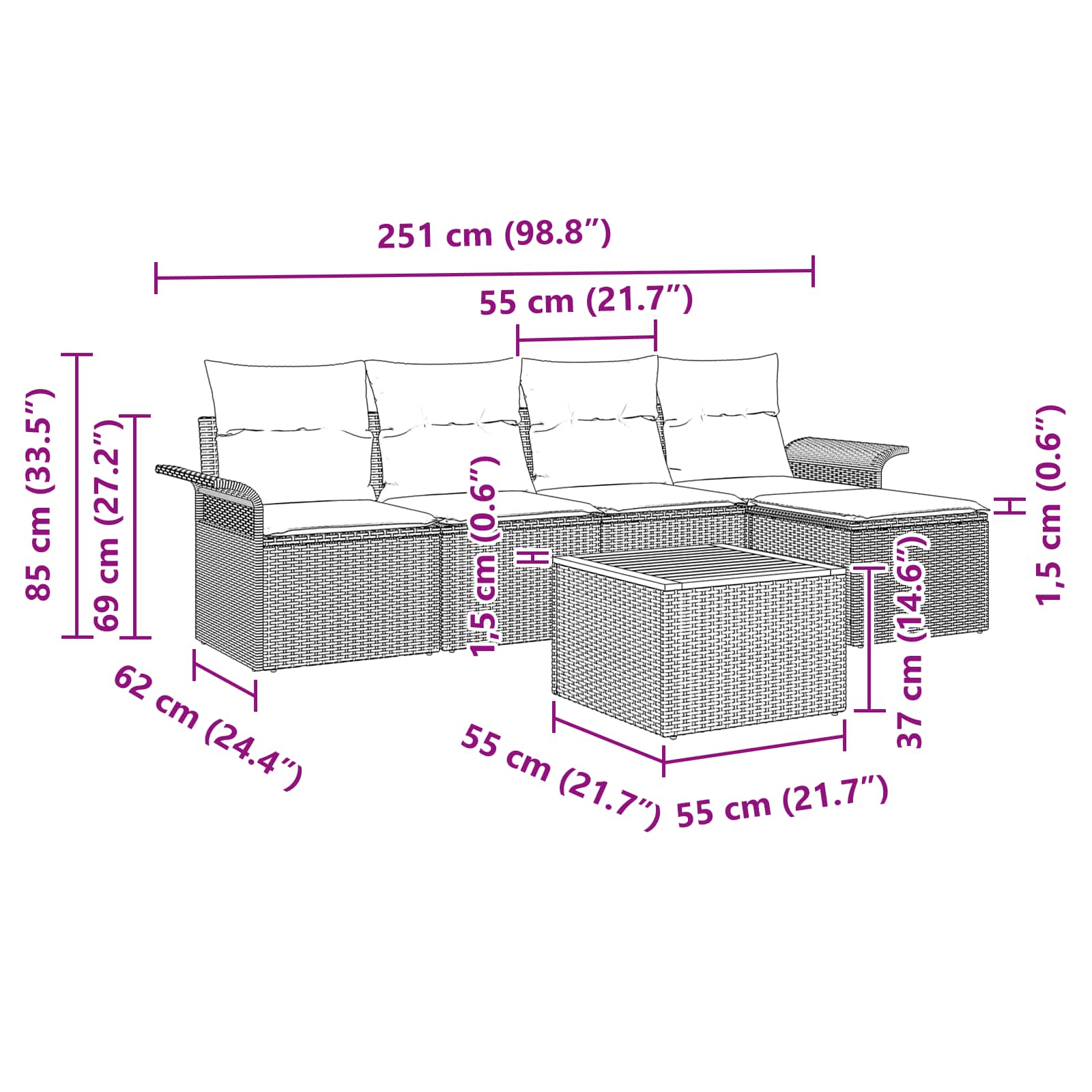 Gartensofa-set mit Kissen 6 pcs Schwarz Poly-Rattan