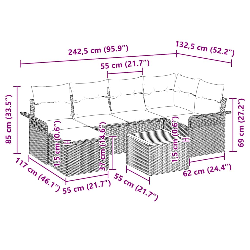 Gartensofa-set mit Kissen 7 pcs Beige Poly-Rattan