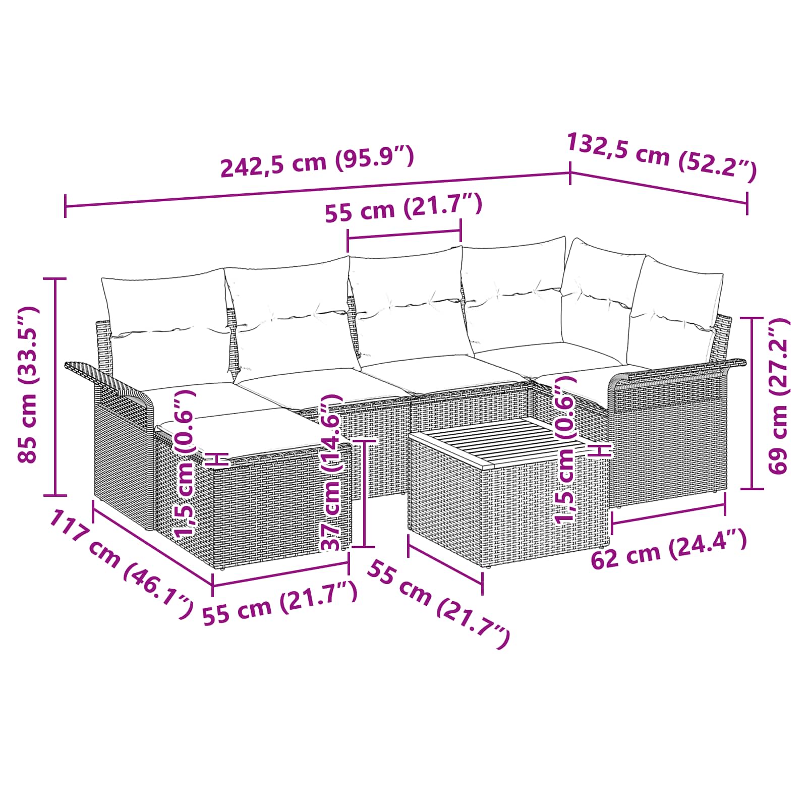 Gartensofa-set mit Kissen 7 pcs Schwarz Poly-Rattan