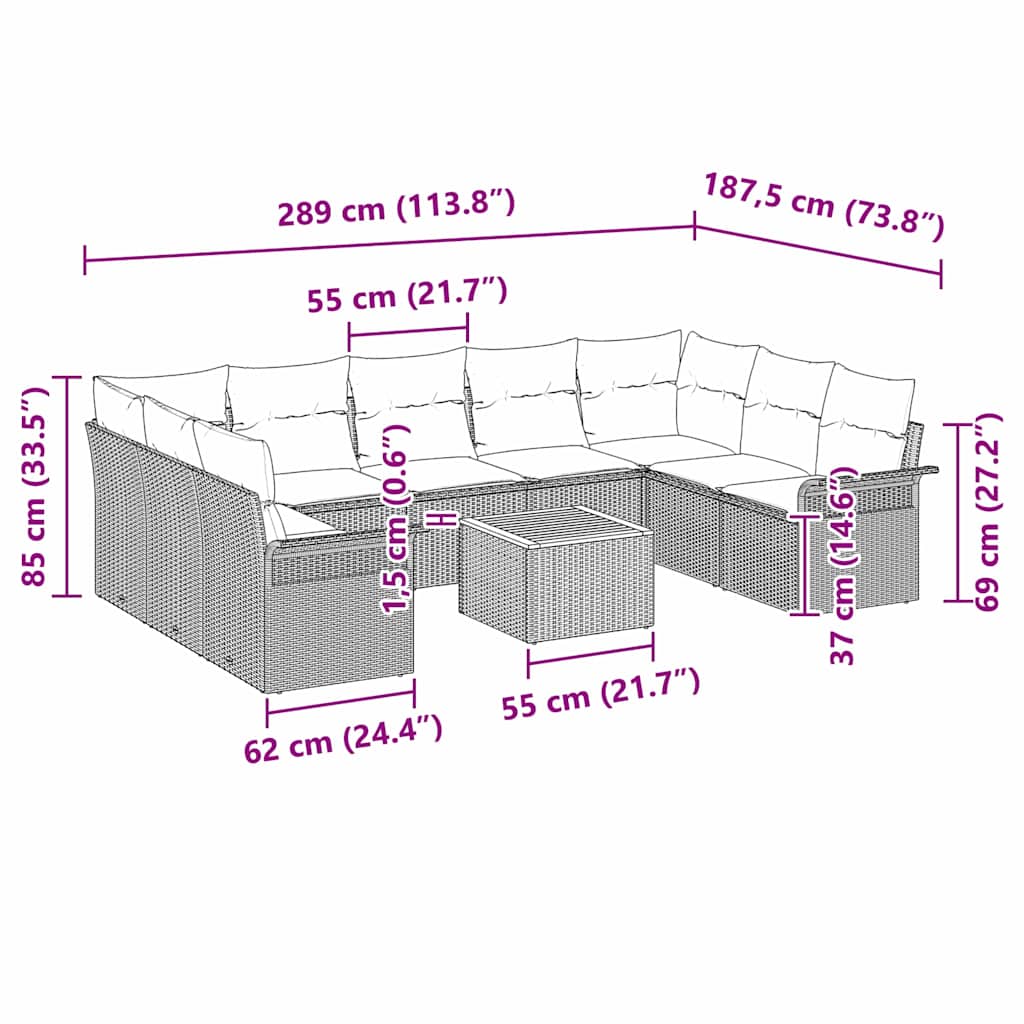 Gartensofa-set mit Kissen 10 pcs Grau Poly-Rattan