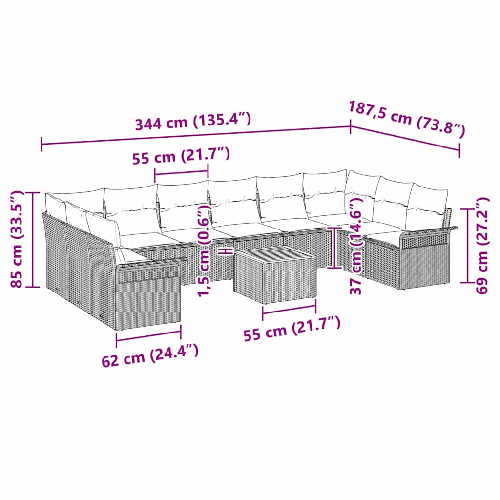 Gartensofa-set mit Kissen 11 pcs Grau Poly-Rattan