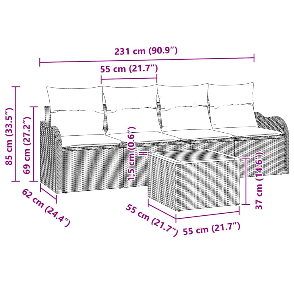 Gartensofa-set mit Kissen 5 pcs Beige Poly-Rattan