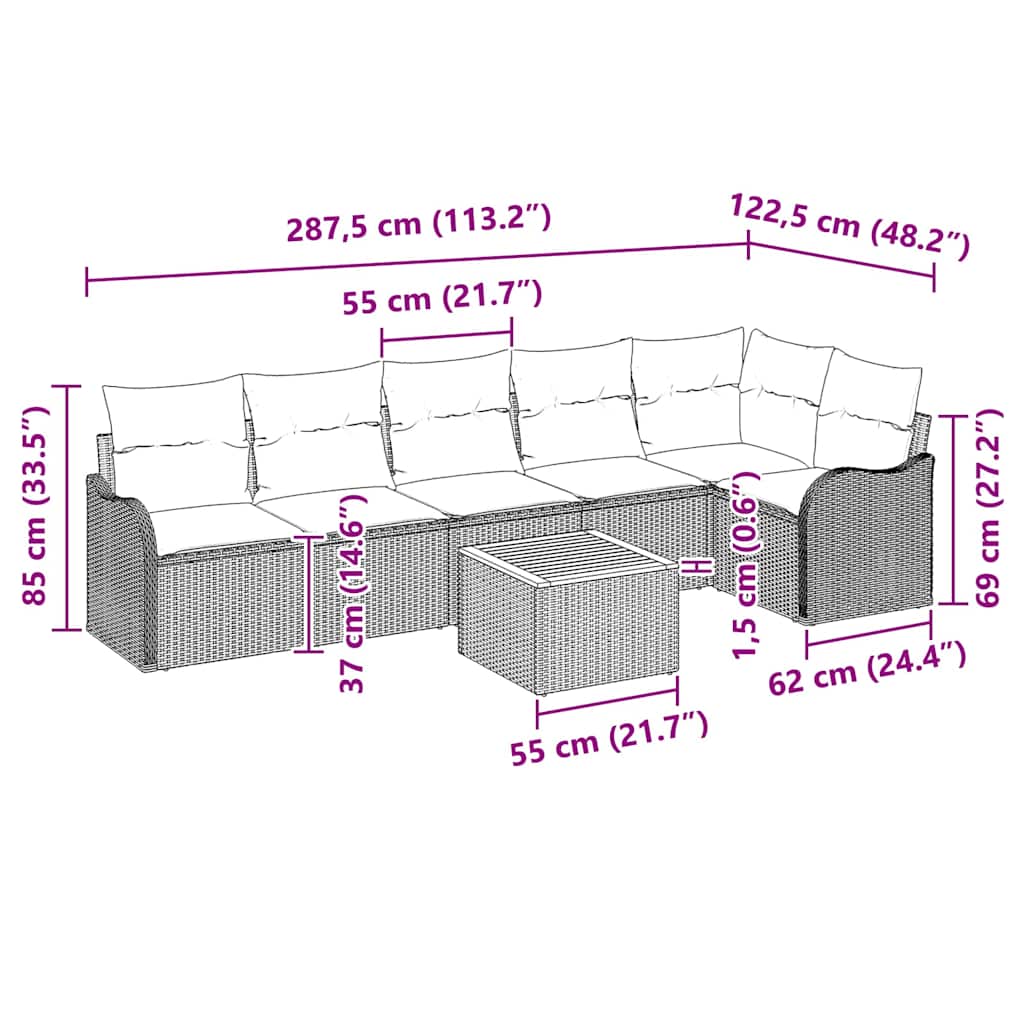Gartensofa-set mit Kissen 7 pcs Beige Poly-Rattan