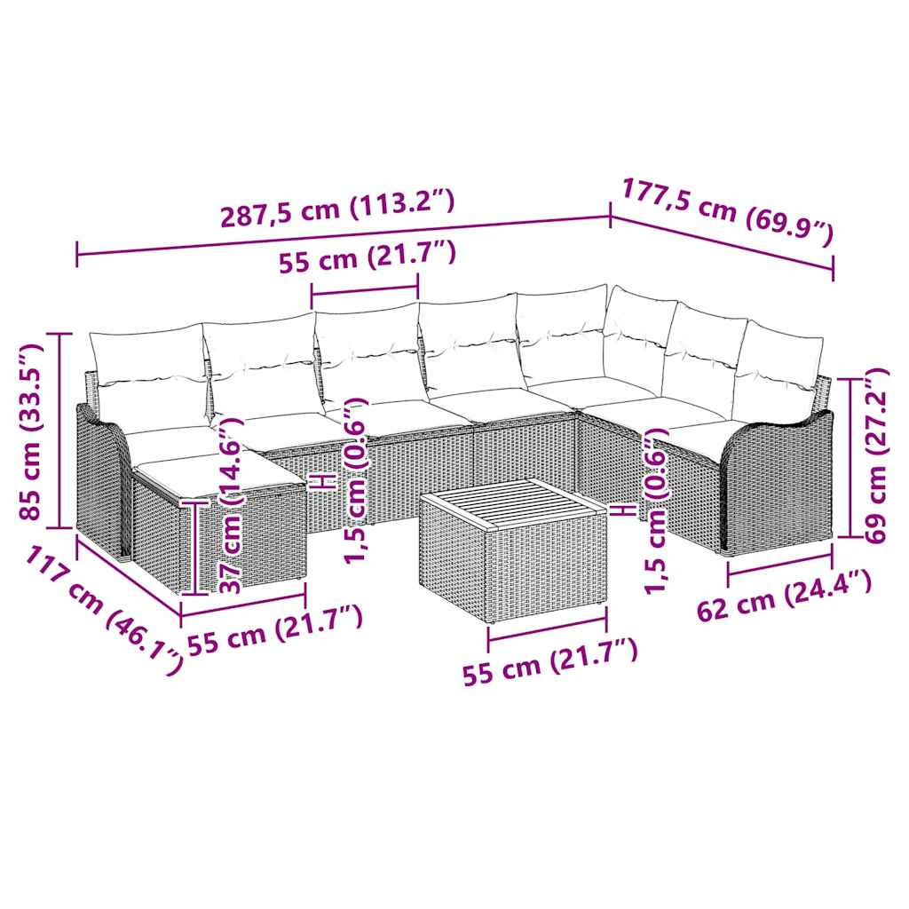 Gartensofa-set mit Kissen 9 pcs Beige Poly-Rattan