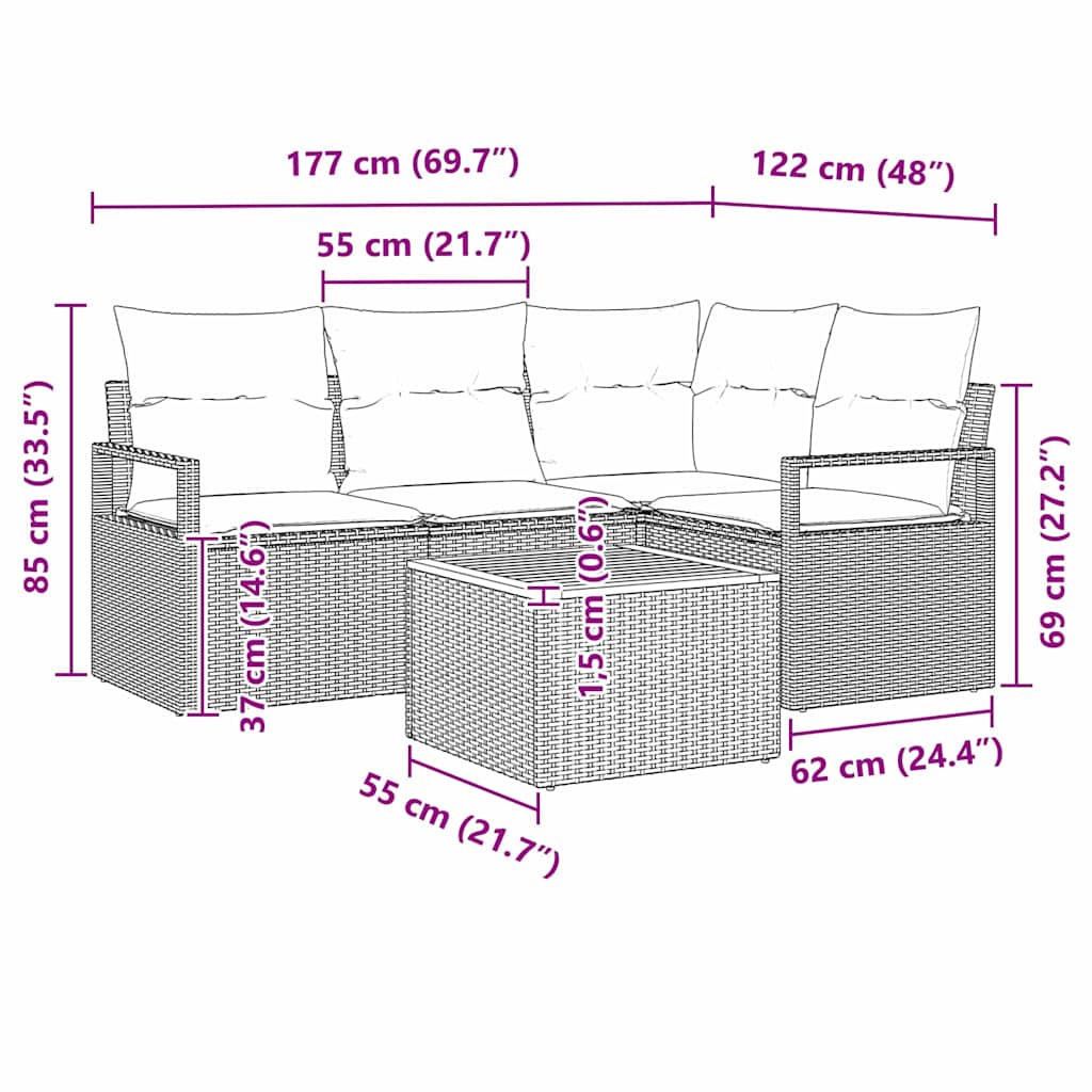 Gartensofa-set mit Kissen 5 pcs Schwarz Poly-Rattan