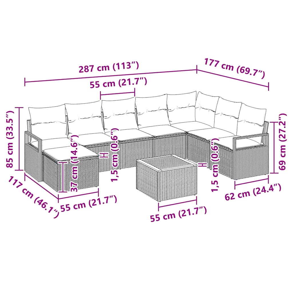 Gartensofa-set mit Kissen 9 pcs Schwarz Poly-Rattan