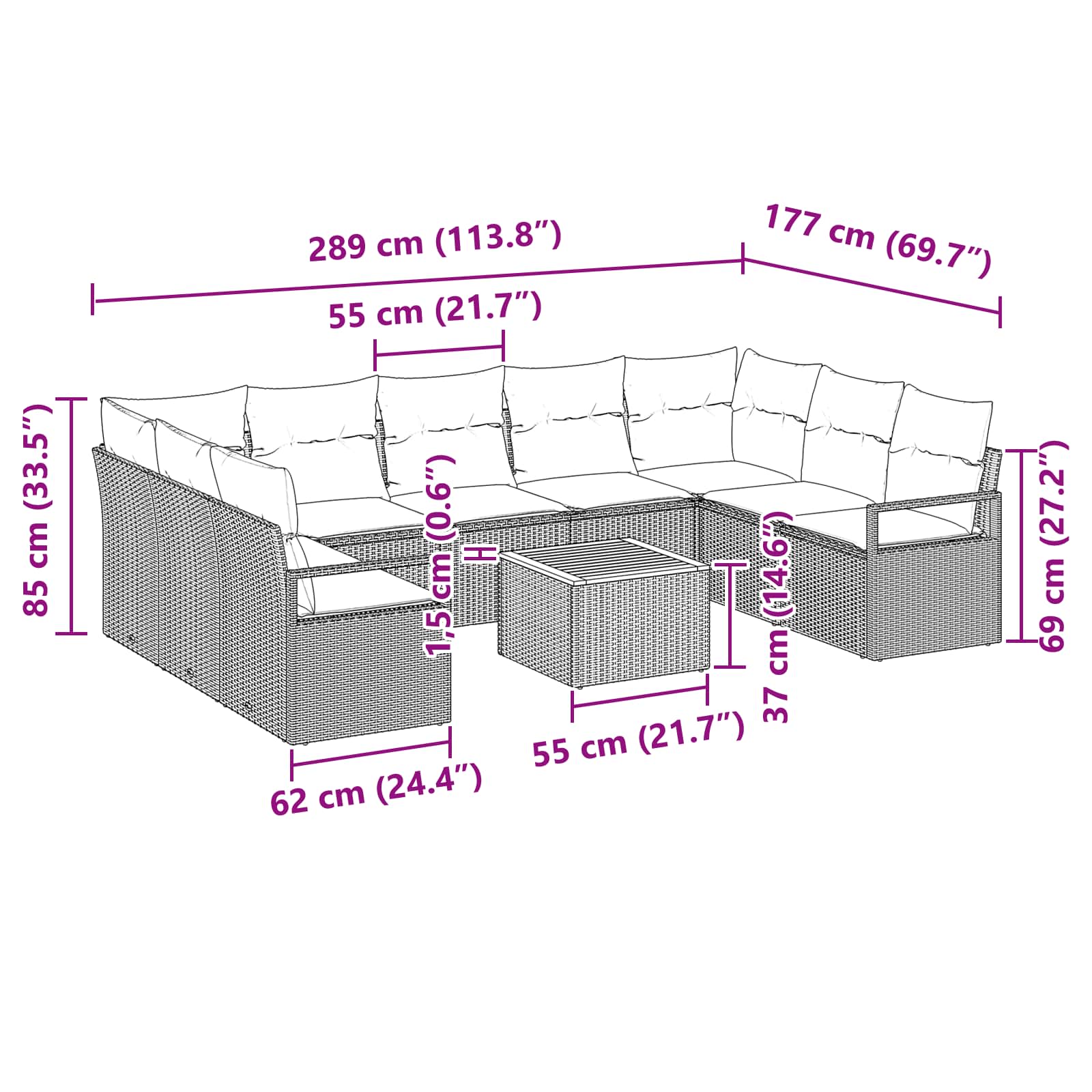 Gartensofa-set mit Kissen 10 pcs Schwarz Poly-Rattan