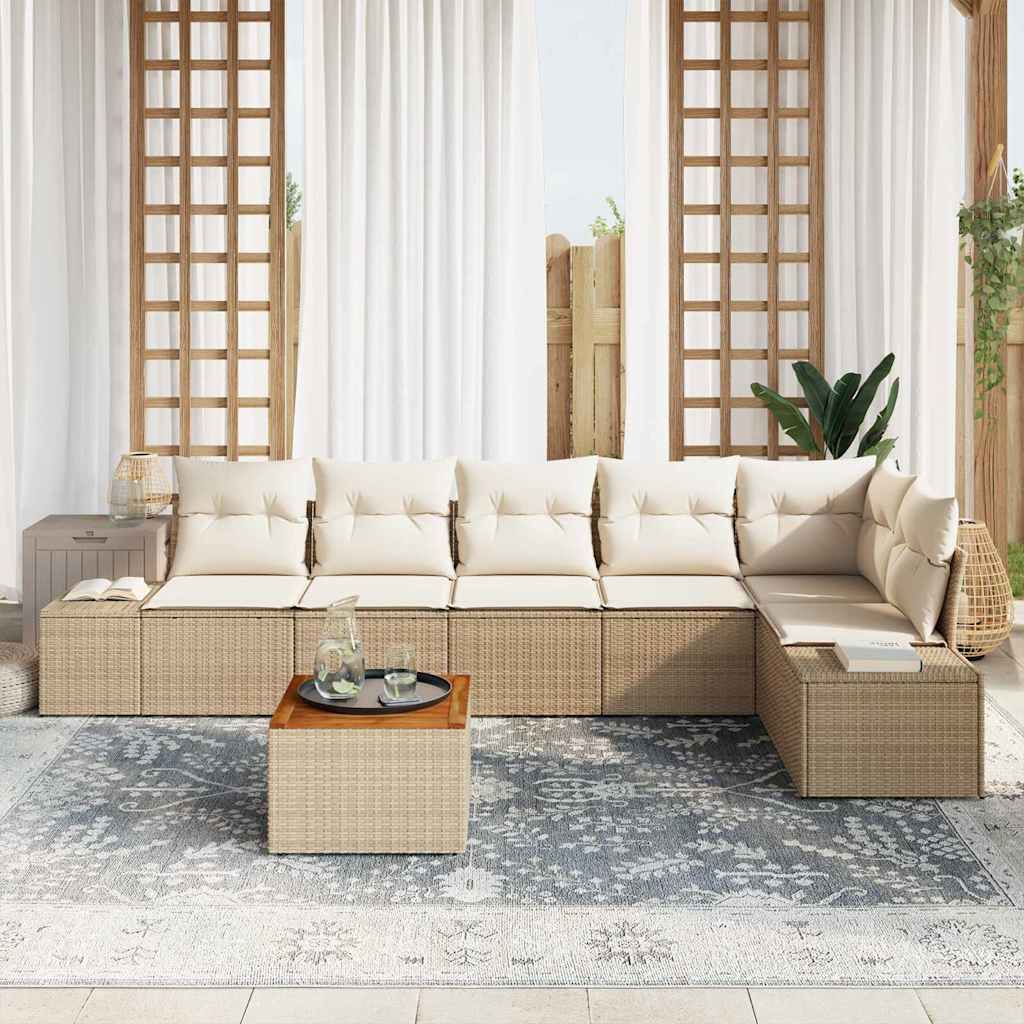 Gartensofa-set mit Kissen 7 pcs Beige Poly-Rattan