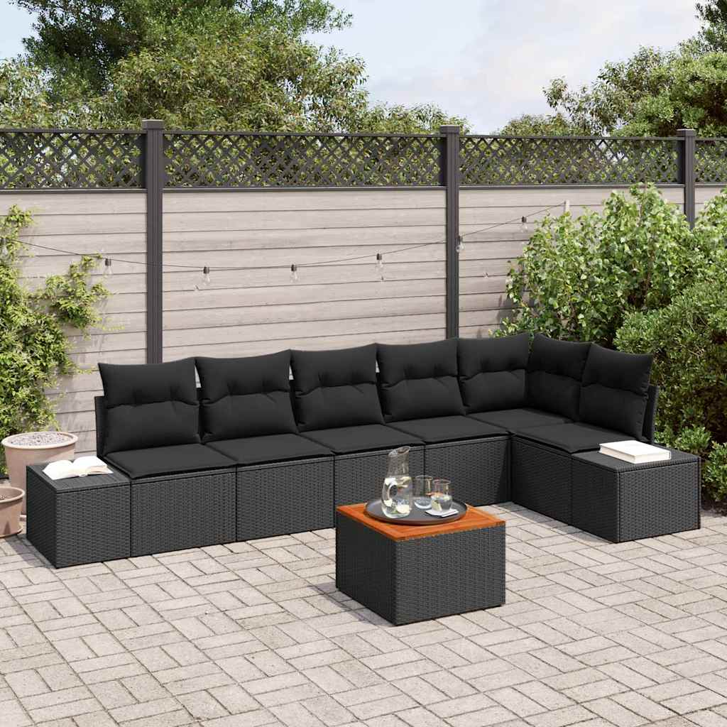 Gartensofa-set mit Kissen 7 pcs Schwarz Poly-Rattan