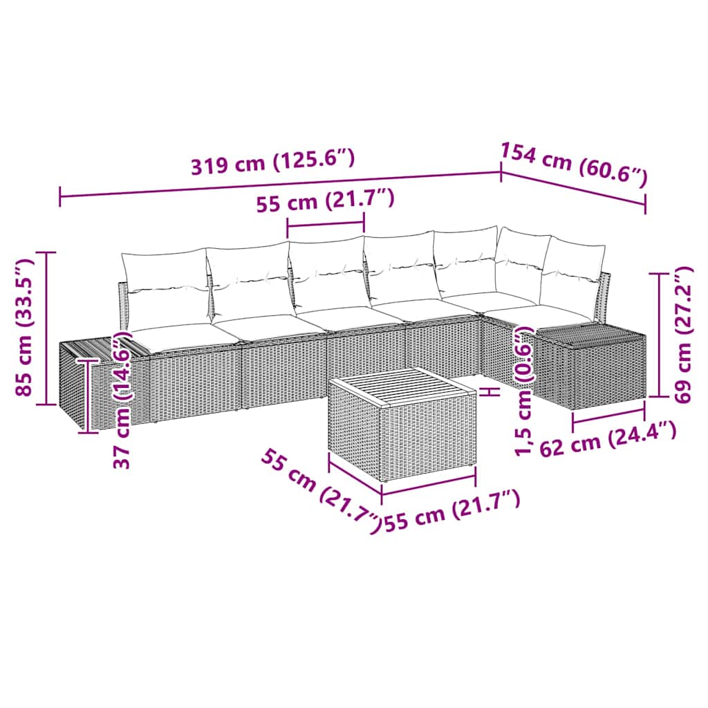 Gartensofa-set mit Kissen 7 pcs Schwarz Poly-Rattan