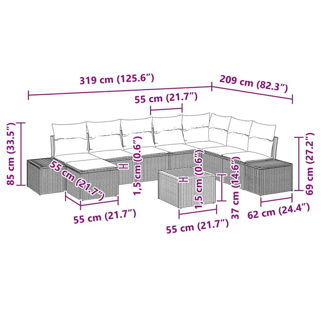 Gartensofa-set mit Kissen 9 pcs Grau Poly-Rattan