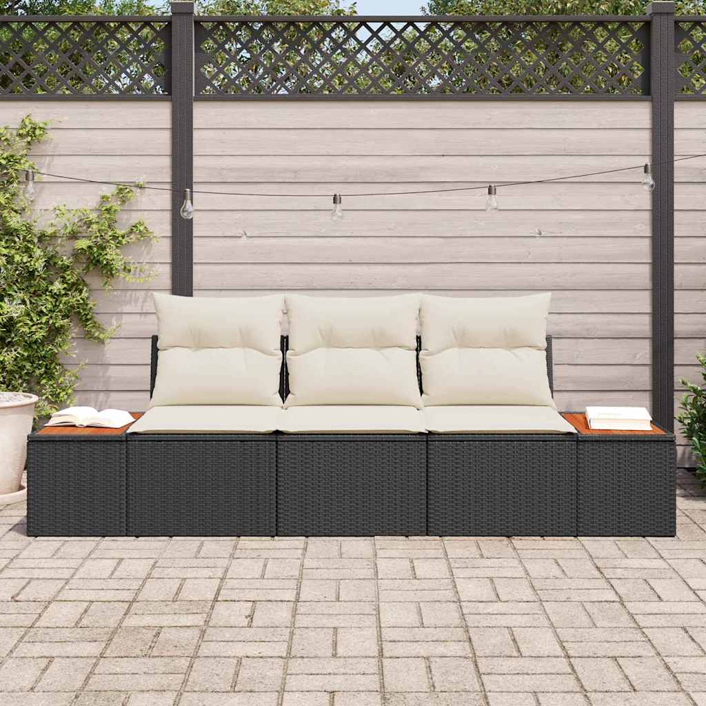 Gartensofa-set mit Kissen 3 pcs Schwarz Poly-Rattan