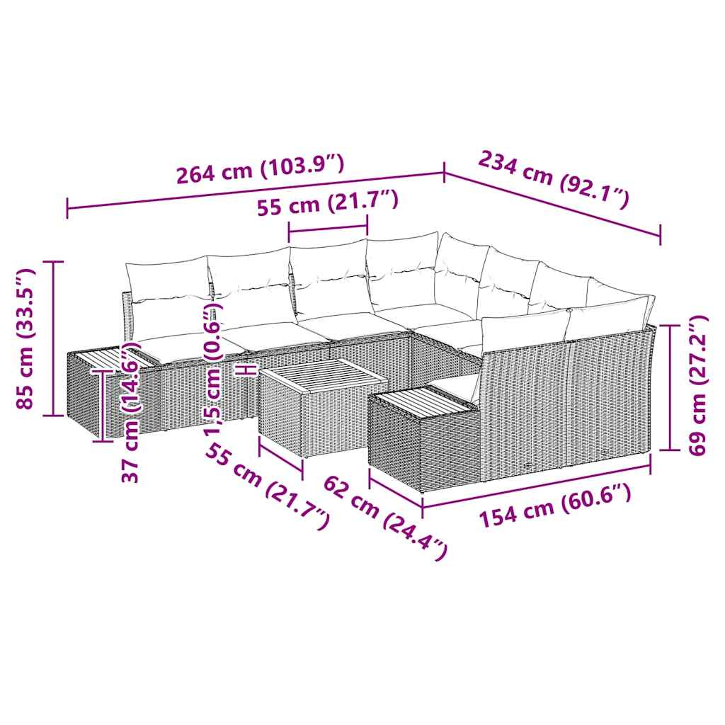 Gartensofa-set mit Kissen 9 pcs Beige Poly Rattan