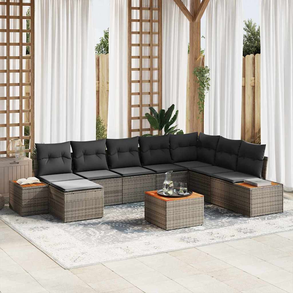 Gartensofa-set mit Kissen 9 pcs Grau Poly Rattan