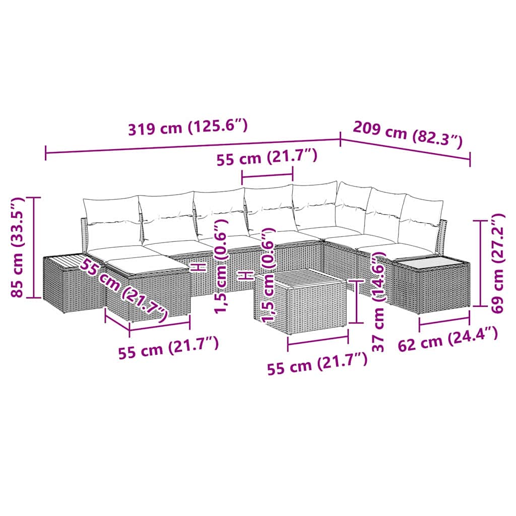 Gartensofa-set mit Kissen 9 pcs Grau Poly Rattan