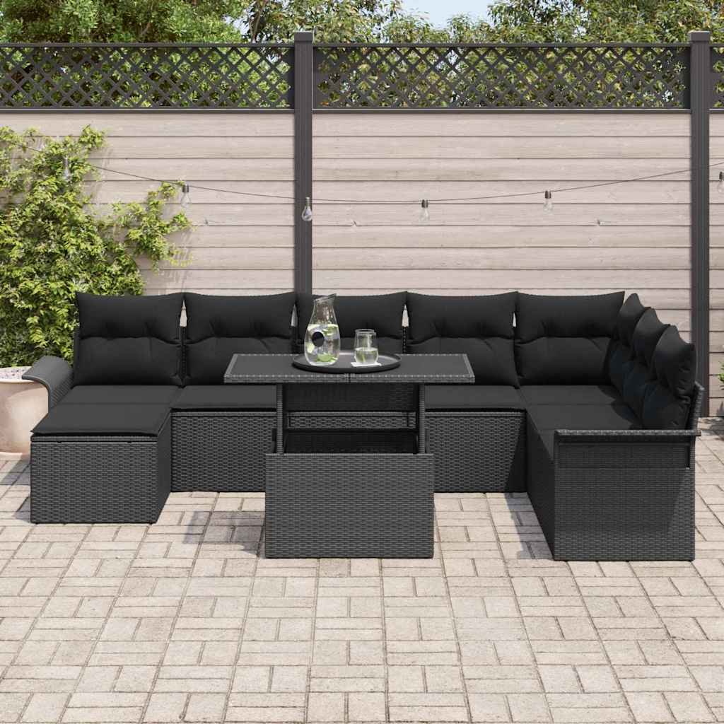 Sofa Set mit Kissen 9 pcs Schwarz Poly-Rattan