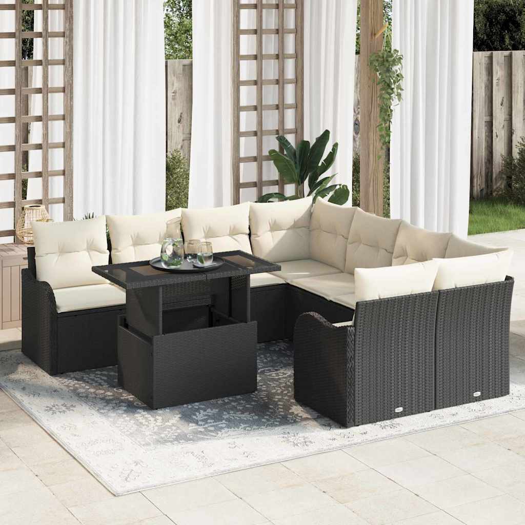Gartensofa-set mit Kissen 9 pcs Schwarz Poly-Rattan