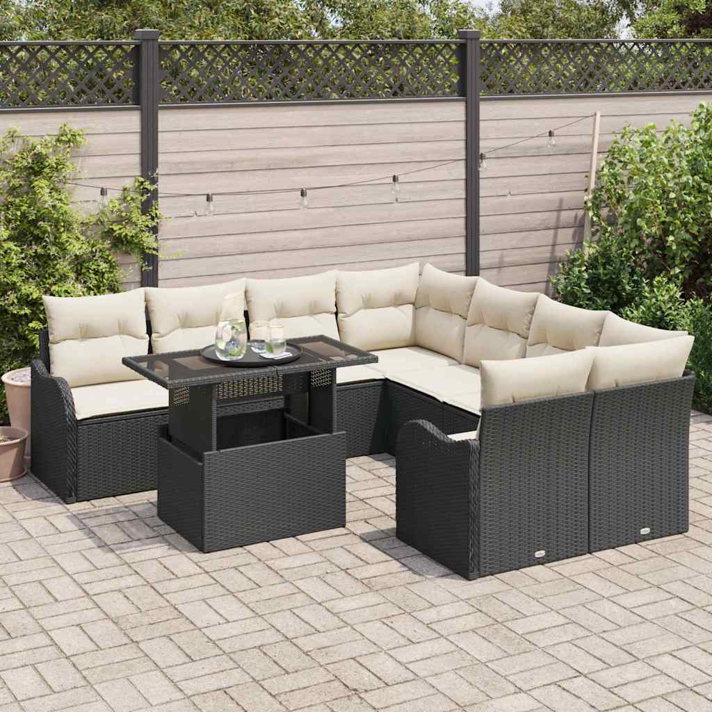 Gartensofa-set mit Kissen 9 pcs Schwarz Poly-Rattan