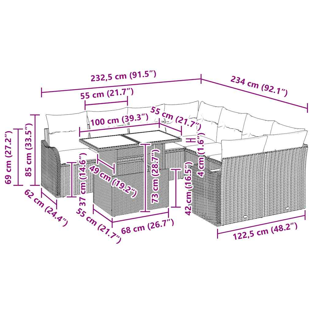 Gartensofa-set mit Kissen 9 pcs Schwarz Poly-Rattan