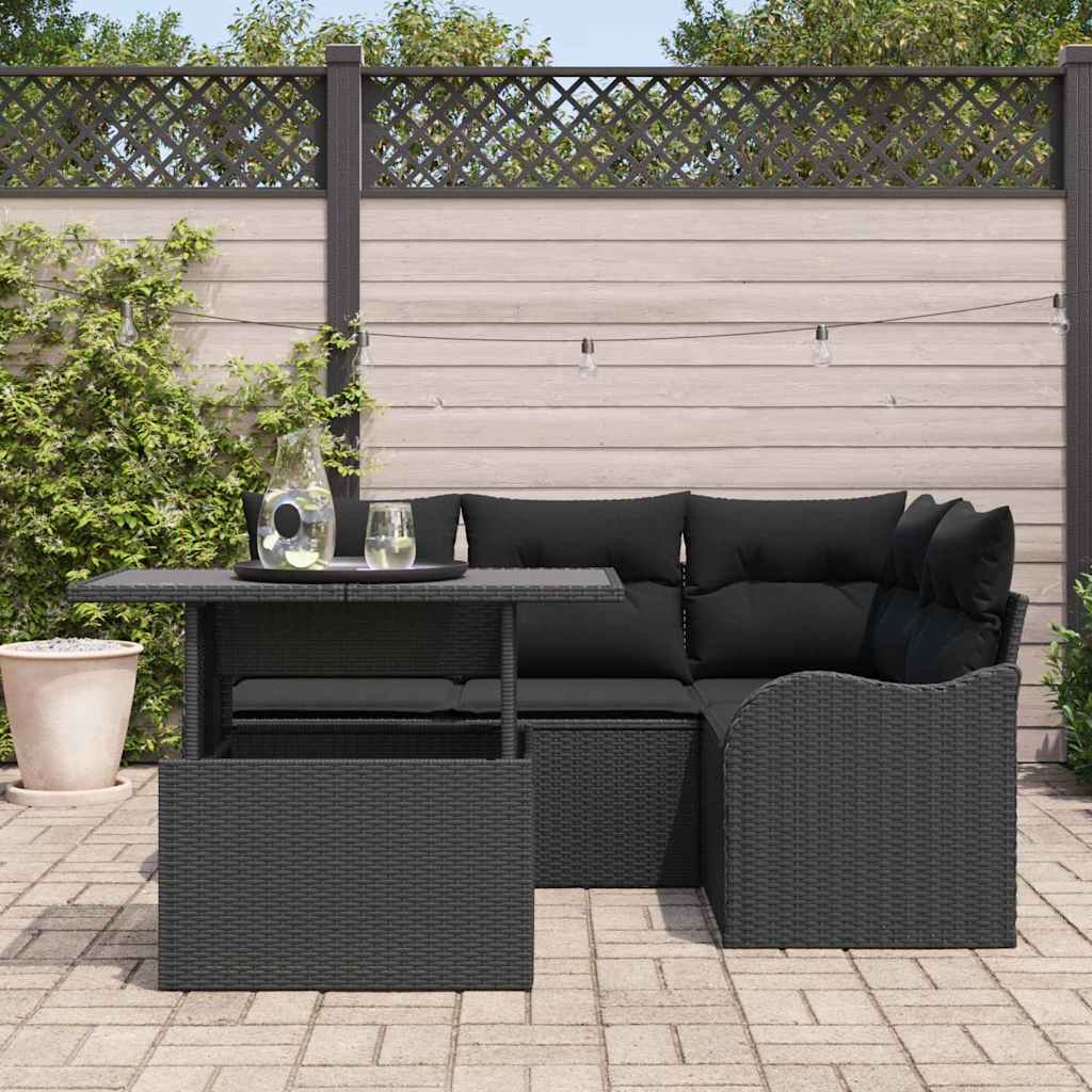 Outdoortisch-Set mit Kissen 5 pcs Schwarz Poly Rattan