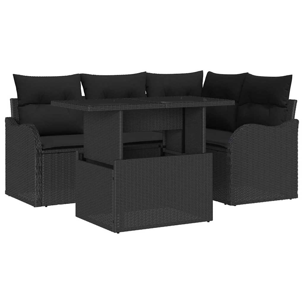 Outdoortisch-Set mit Kissen 5 pcs Schwarz Poly Rattan