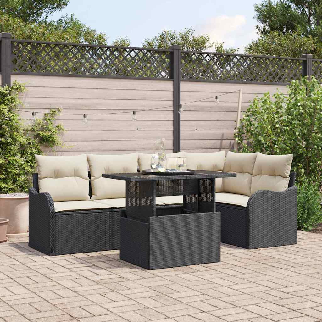 Essgruppe mit Kissen 6 pcs Schwarz Poly Rattan