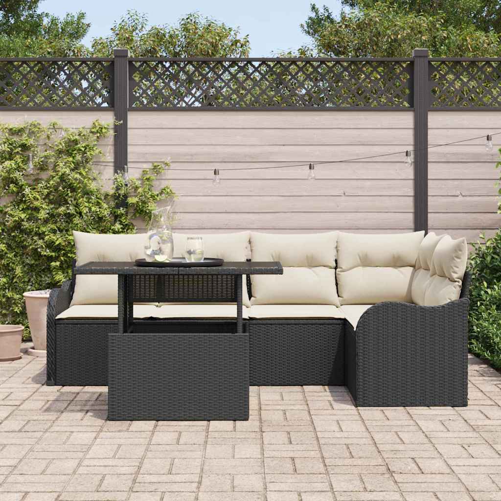 Essgruppe mit Kissen 6 pcs Schwarz Poly Rattan